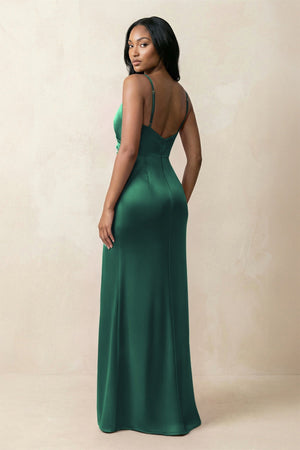 Spaghetti Strap Sheath Satin Ruched Bridesmaid Dress in Dark Green - KissProm Bridesmaid Dresses