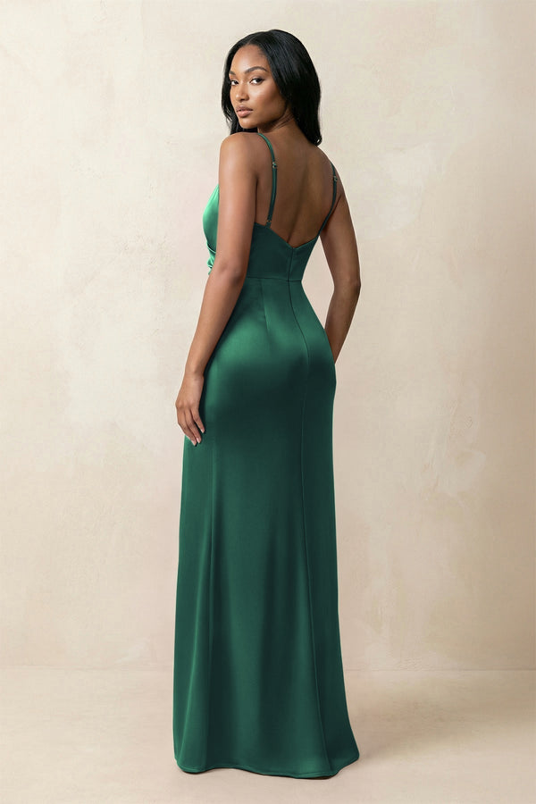 Spaghetti Strap Sheath Satin Ruched Bridesmaid Dress in Dark Green - KissProm Bridesmaid Dresses