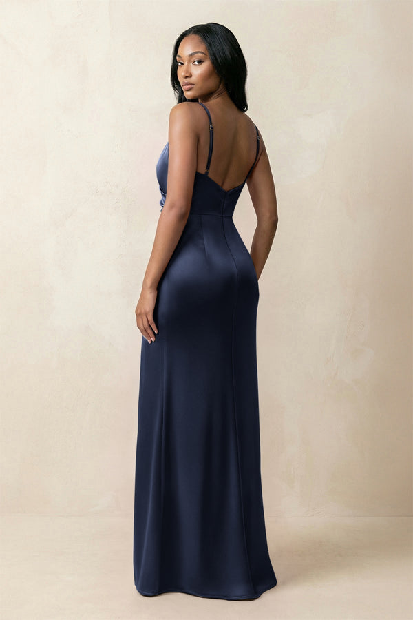 Spaghetti Strap Sheath Satin Ruched Bridesmaid Dress in Dark Navy - KissProm Bridesmaid Dresses