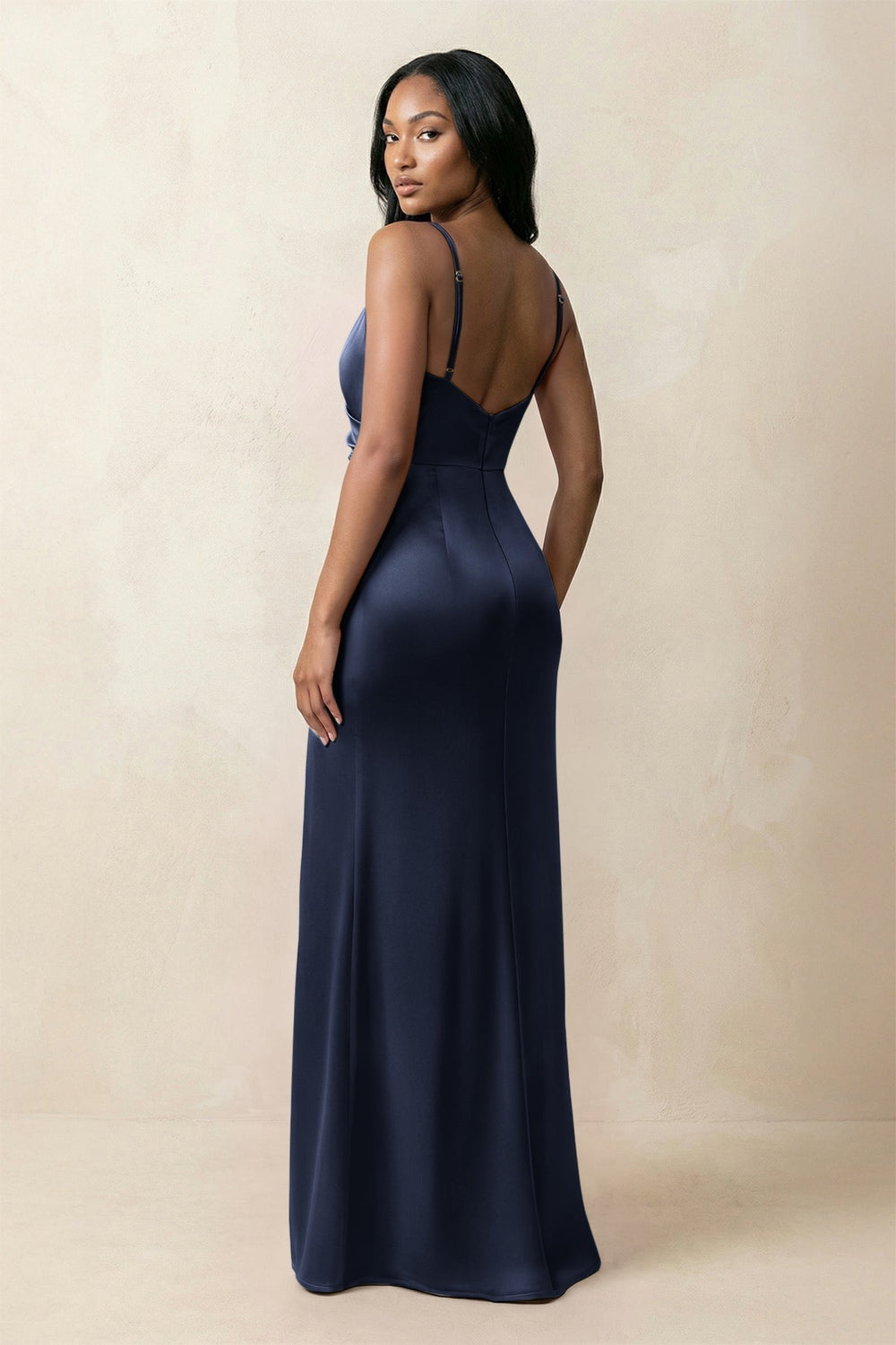 Spaghetti Strap Sheath Satin Ruched Bridesmaid Dress in Dark Navy - KissProm Bridesmaid Dresses