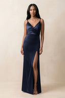 Spaghetti Strap Sheath Satin Ruched Bridesmaid Dress in Dark Navy - KissProm Bridesmaid Dresses