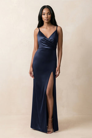 Spaghetti Strap Sheath Satin Ruched Bridesmaid Dress in Dark Navy - KissProm Bridesmaid Dresses