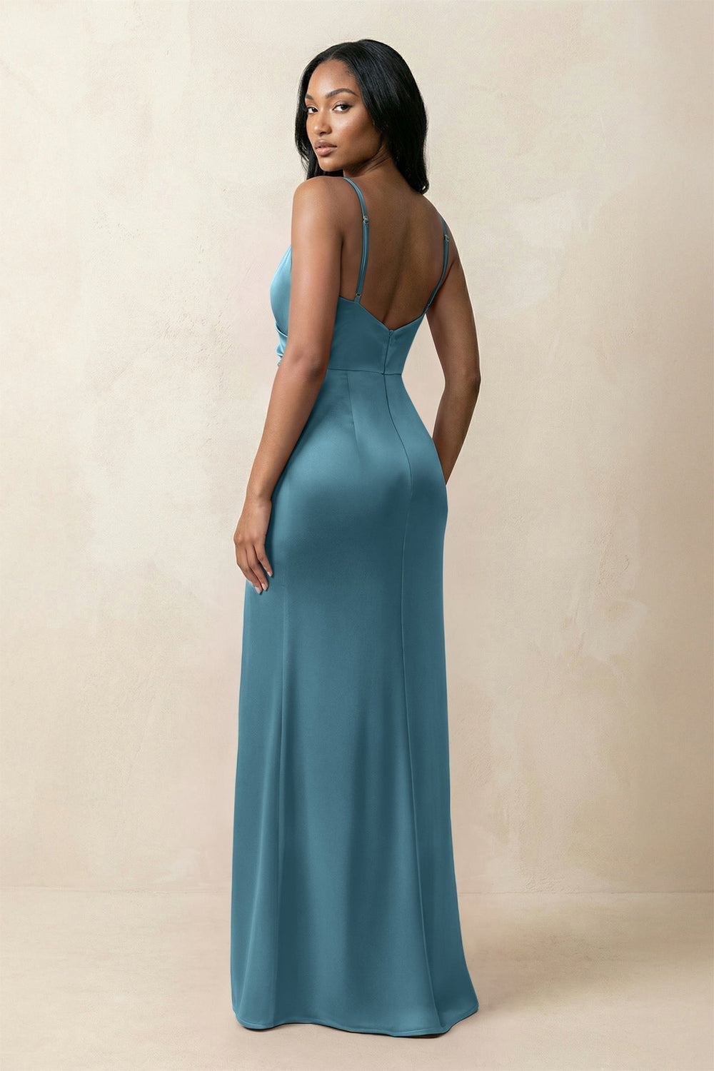 Spaghetti Strap Sheath Satin Ruched Bridesmaid Dress in Dark Teal - KissProm Bridesmaid Dresses