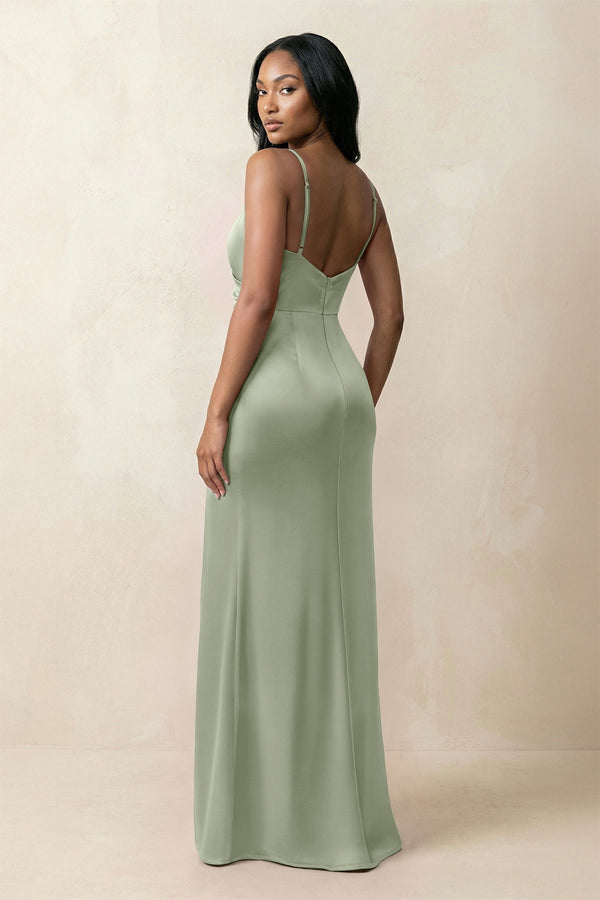 Spaghetti Strap Sheath Satin Ruched Bridesmaid Dress in Dove Gray - KissProm Bridesmaid Dresses