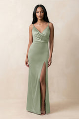 Spaghetti Strap Sheath Satin Ruched Bridesmaid Dress in Dove Gray - KissProm Bridesmaid Dresses