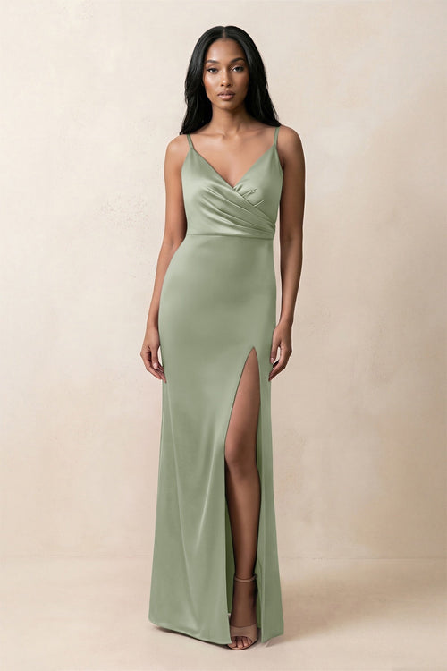 Spaghetti Strap Sheath Satin Ruched Bridesmaid Dress in Dove Gray - KissProm Bridesmaid Dresses