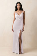 Spaghetti Strap Sheath Satin Ruched Bridesmaid Dress in Dusk - KissProm Bridesmaid Dresses