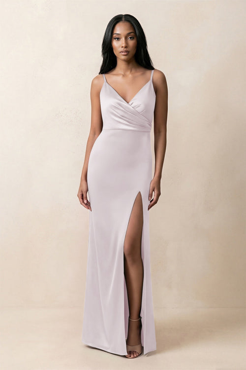 Spaghetti Strap Sheath Satin Ruched Bridesmaid Dress in Dusk - KissProm Bridesmaid Dresses