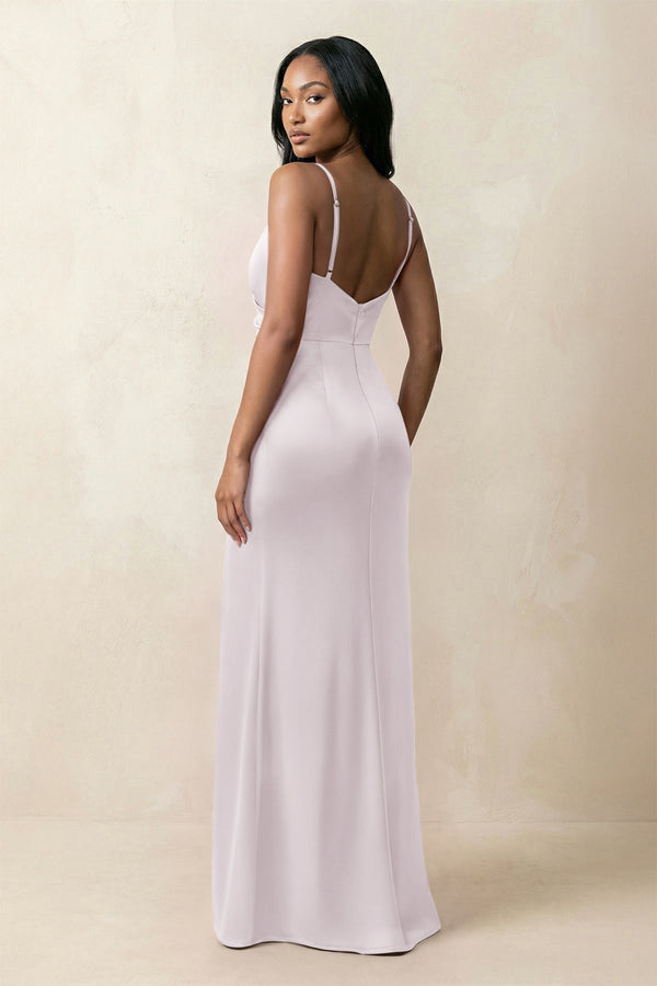 Spaghetti Strap Sheath Satin Ruched Bridesmaid Dress in Dusk - KissProm Bridesmaid Dresses