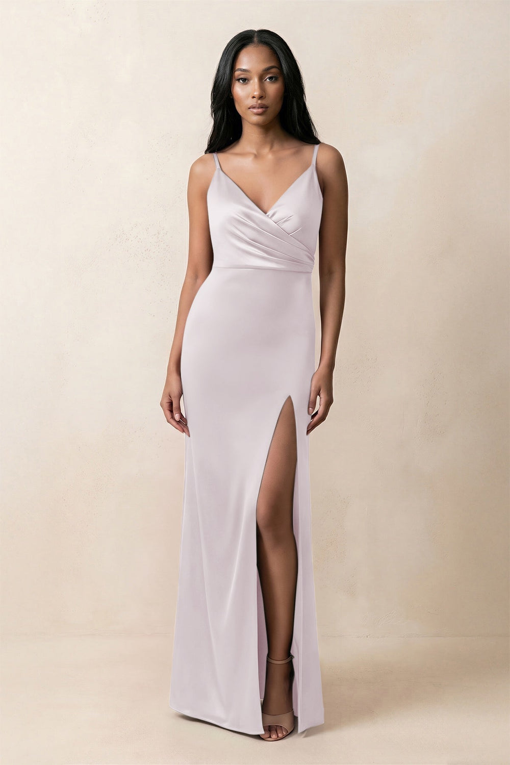 Spaghetti Strap Sheath Satin Ruched Bridesmaid Dress in Dusk - KissProm Bridesmaid Dresses