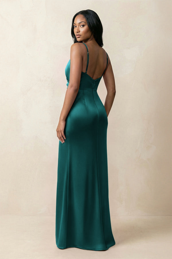 Spaghetti Strap Sheath Satin Ruched Bridesmaid Dress in Emerald - KissProm Bridesmaid Dresses