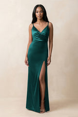 Spaghetti Strap Sheath Satin Ruched Bridesmaid Dress in Emerald - KissProm Bridesmaid Dresses