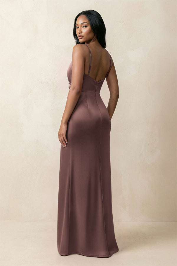 Spaghetti Strap Sheath Satin Ruched Bridesmaid Dress in Espresso - KissProm Bridesmaid Dresses
