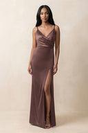 Spaghetti Strap Sheath Satin Ruched Bridesmaid Dress in Espresso - KissProm Bridesmaid Dresses