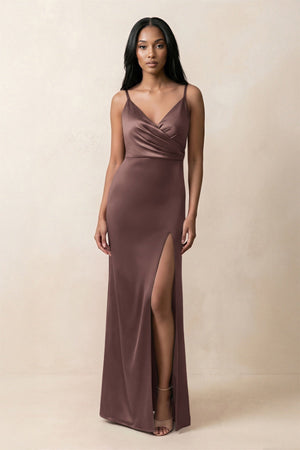 Spaghetti Strap Sheath Satin Ruched Bridesmaid Dress in Espresso - KissProm Bridesmaid Dresses