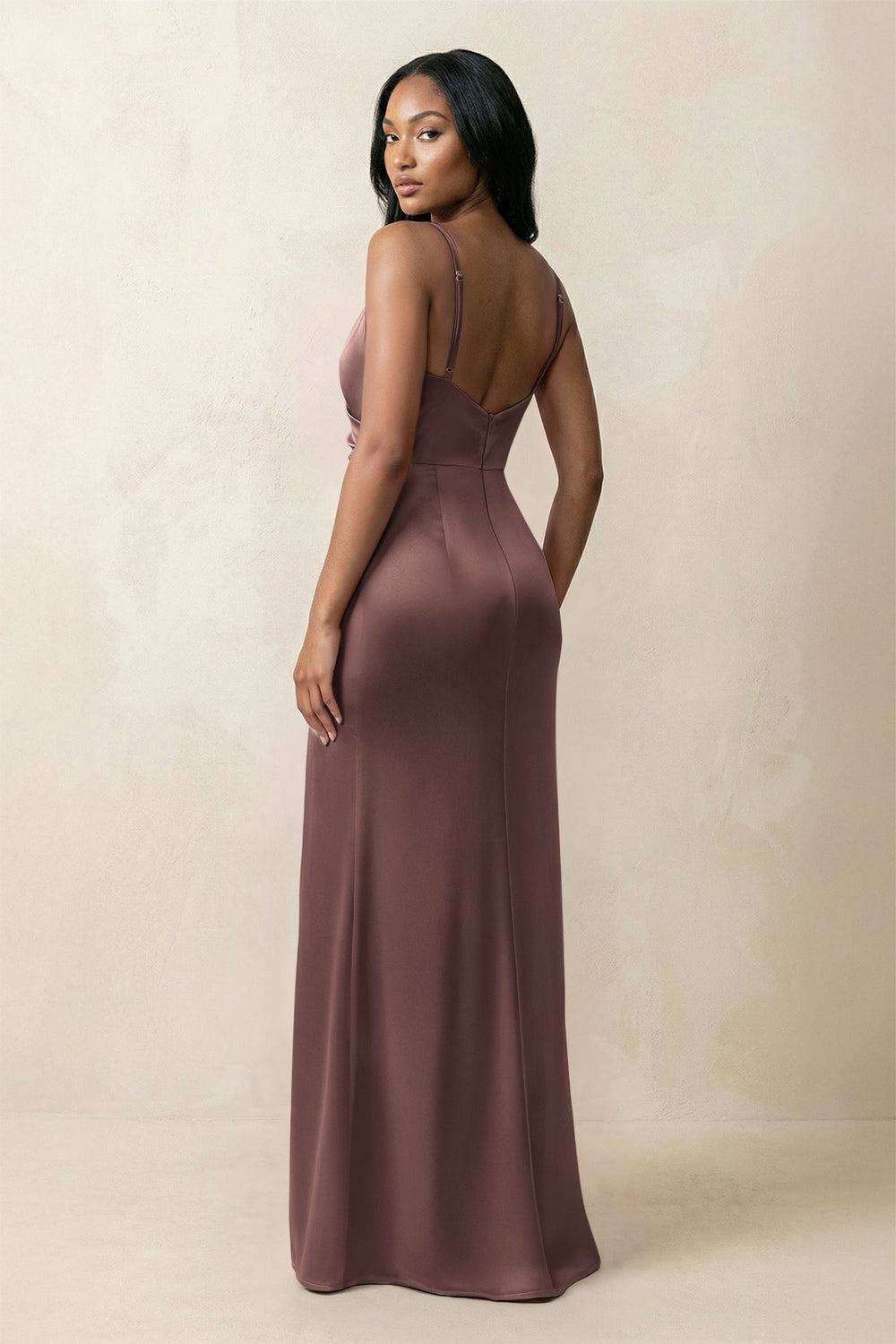 Spaghetti Strap Sheath Satin Ruched Bridesmaid Dress in Espresso - KissProm Bridesmaid Dresses