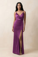 Spaghetti Strap Sheath Satin Ruched Bridesmaid Dress in Fig - KissProm Bridesmaid Dresses