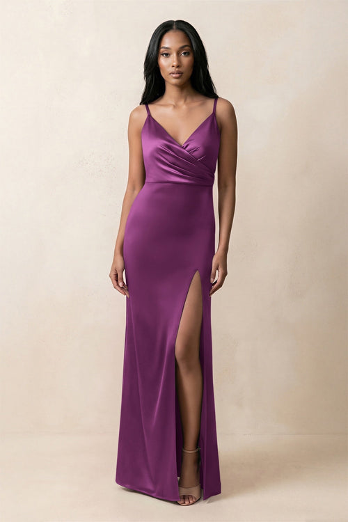 Spaghetti Strap Sheath Satin Ruched Bridesmaid Dress in Fig - KissProm Bridesmaid Dresses