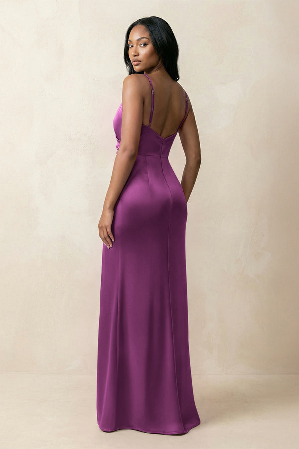 Spaghetti Strap Sheath Satin Ruched Bridesmaid Dress in Fig - KissProm Bridesmaid Dresses