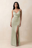 Spaghetti Strap Sheath Satin Ruched Bridesmaid Dress in Frost - KissProm Bridesmaid Dresses