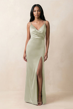 Spaghetti Strap Sheath Satin Ruched Bridesmaid Dress in Frost - KissProm Bridesmaid Dresses