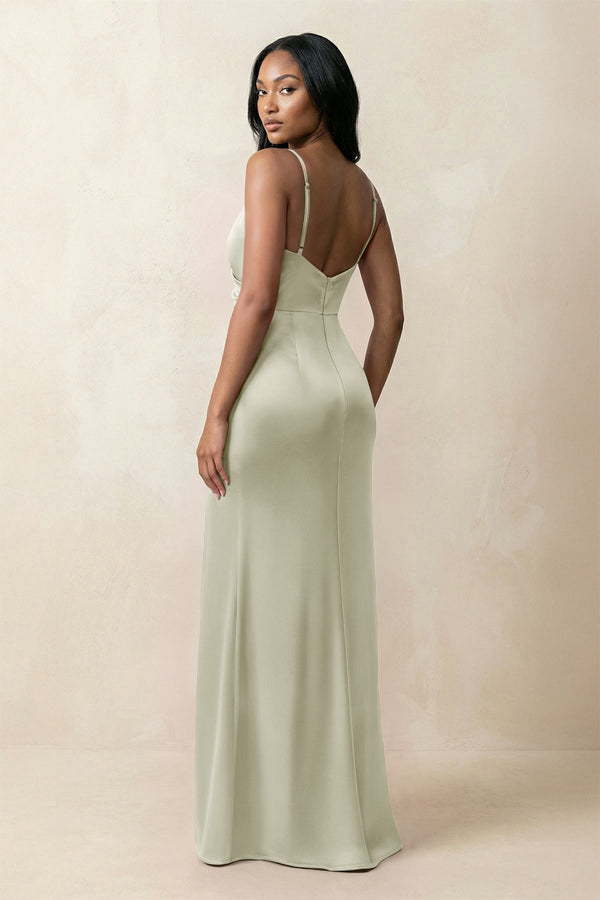 Spaghetti Strap Sheath Satin Ruched Bridesmaid Dress in Frost - KissProm Bridesmaid Dresses