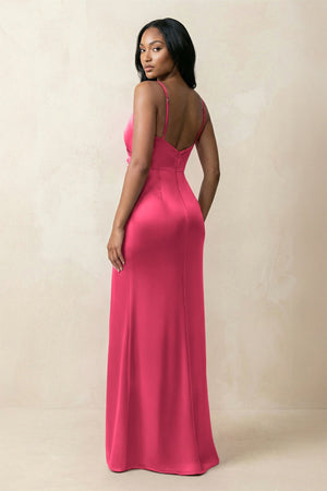 Spaghetti Strap Sheath Satin Ruched Bridesmaid Dress in Fuchsia - KissProm Bridesmaid Dresses