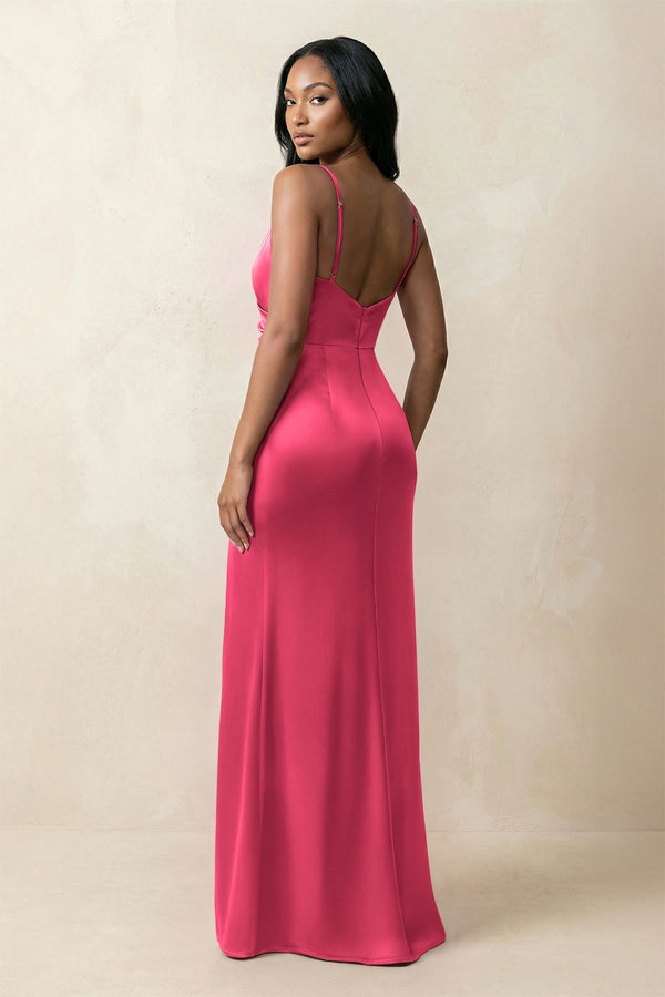 Spaghetti Strap Sheath Satin Ruched Bridesmaid Dress in Fuchsia - KissProm Bridesmaid Dresses