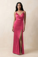Spaghetti Strap Sheath Satin Ruched Bridesmaid Dress in Fuchsia - KissProm Bridesmaid Dresses