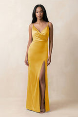 Spaghetti Strap Sheath Satin Ruched Bridesmaid Dress in Gold - KissProm Bridesmaid Dresses