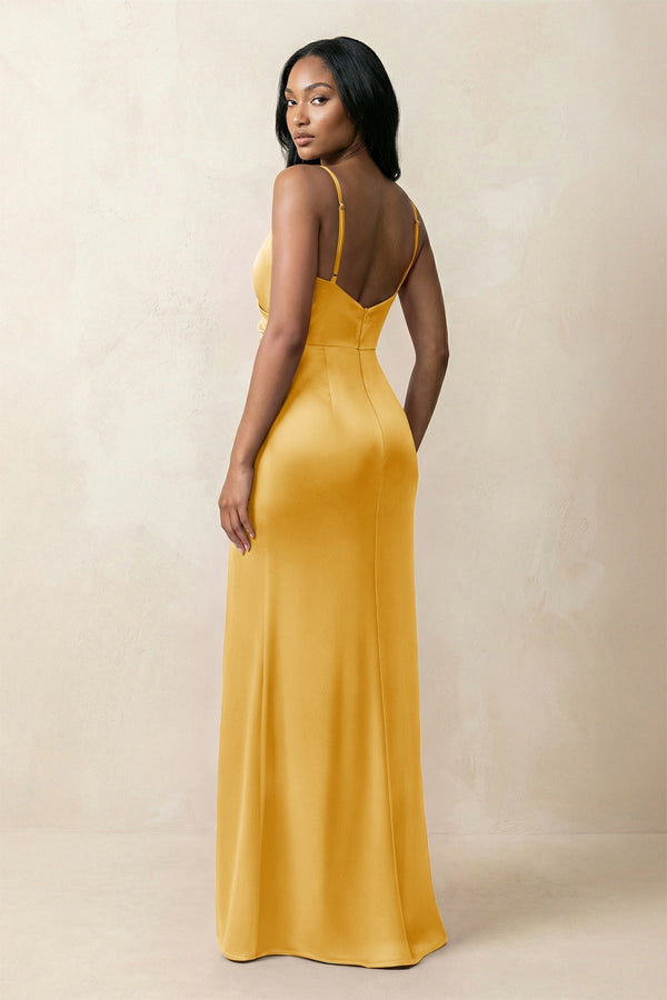 Spaghetti Strap Sheath Satin Ruched Bridesmaid Dress in Gold - KissProm Bridesmaid Dresses