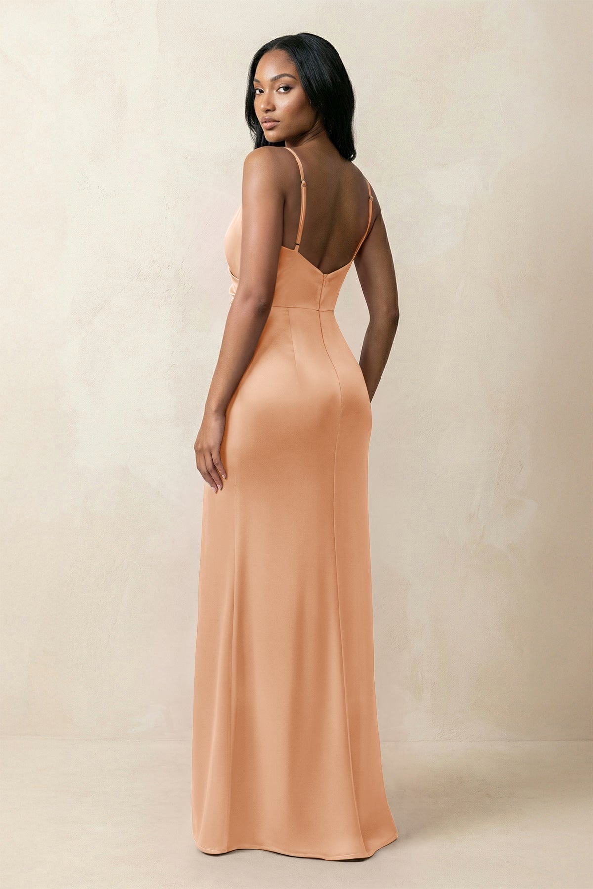 KissProm Spaghetti Strap Sheath Satin Ruched Bridesmaid Dress in Golden Champagne, Golden Champagne / 12