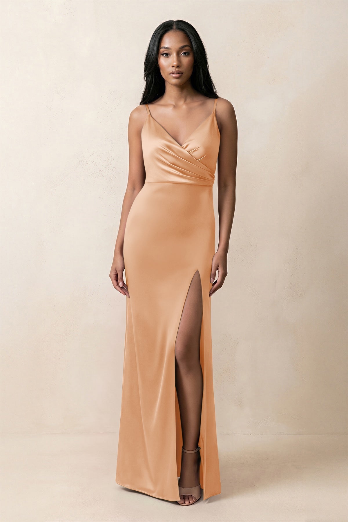 KissProm Spaghetti Strap Sheath Satin Ruched Bridesmaid Dress in Golden Champagne, Golden Champagne / 12