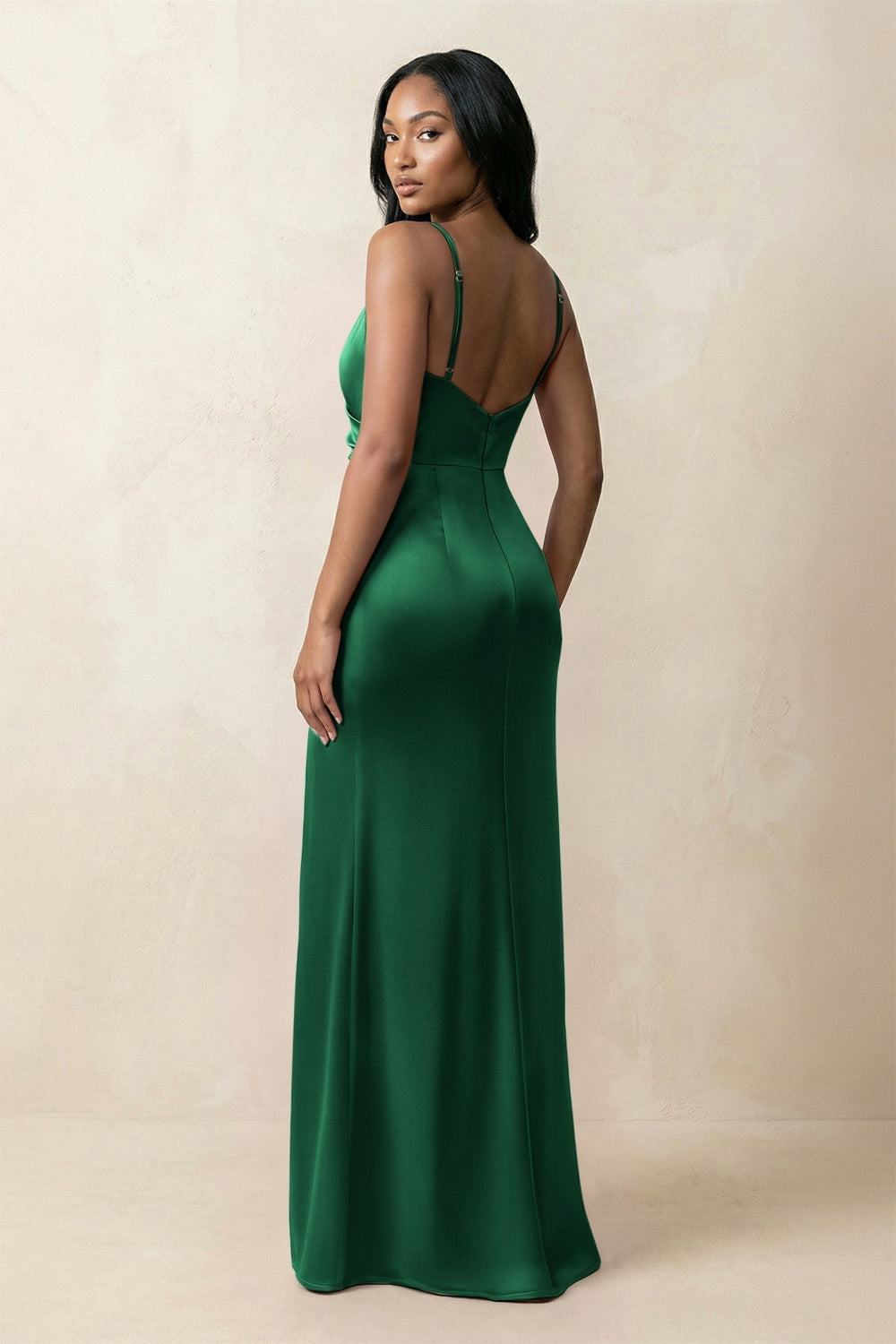 Spaghetti Strap Sheath Satin Ruched Bridesmaid Dress in Green - KissProm Bridesmaid Dresses