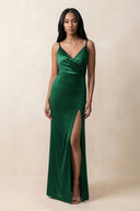 Spaghetti Strap Sheath Satin Ruched Bridesmaid Dress in Green - KissProm Bridesmaid Dresses