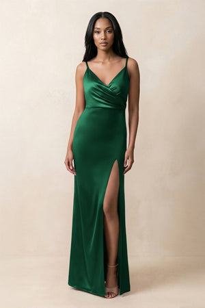 Spaghetti Strap Sheath Satin Ruched Bridesmaid Dress in Green - KissProm Bridesmaid Dresses