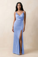 Spaghetti Strap Sheath Satin Ruched Bridesmaid Dress in Ice - KissProm Bridesmaid Dresses
