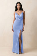 Spaghetti Strap Sheath Satin Ruched Bridesmaid Dress in Ice - KissProm Bridesmaid Dresses