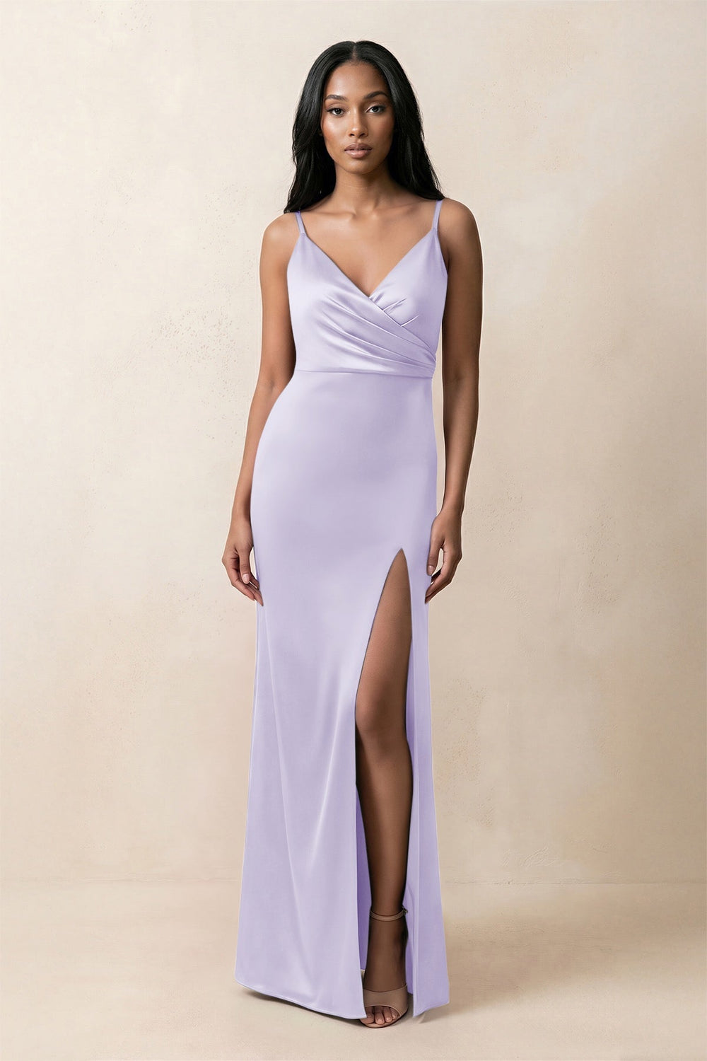 Spaghetti Strap Sheath Satin Ruched Bridesmaid Dress in Lavender - KissProm Bridesmaid Dresses