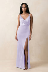 Spaghetti Strap Sheath Satin Ruched Bridesmaid Dress in Lavender - KissProm Bridesmaid Dresses