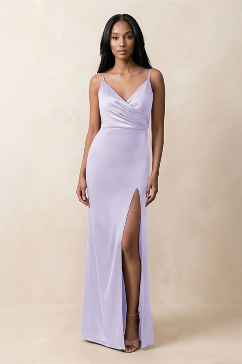 Spaghetti Strap Sheath Satin Ruched Bridesmaid Dress in Lavender - KissProm Bridesmaid Dresses