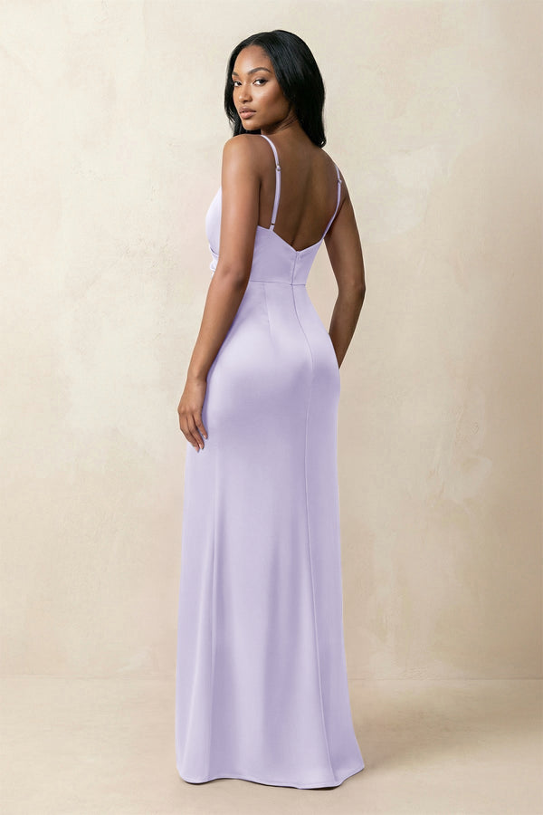 Spaghetti Strap Sheath Satin Ruched Bridesmaid Dress in Lavender - KissProm Bridesmaid Dresses