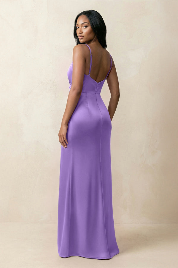 Spaghetti Strap Sheath Satin Ruched Bridesmaid Dress in Lilac - KissProm Bridesmaid Dresses