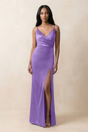 Spaghetti Strap Sheath Satin Ruched Bridesmaid Dress in Lilac - KissProm Bridesmaid Dresses