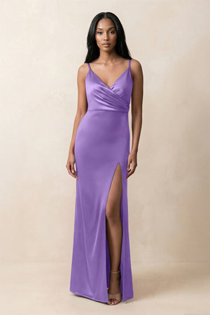 Spaghetti Strap Sheath Satin Ruched Bridesmaid Dress in Lilac - KissProm Bridesmaid Dresses