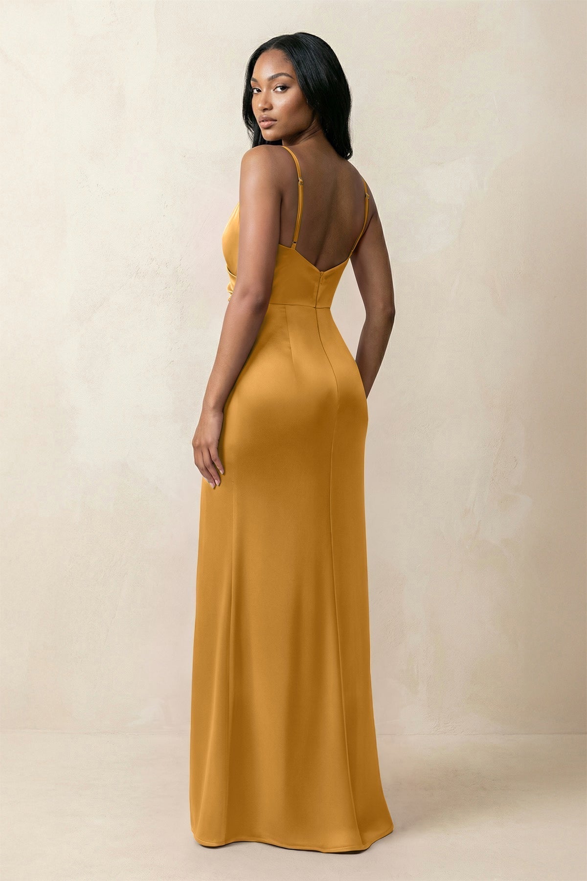 KissProm Spaghetti Strap Sheath Satin Ruched Bridesmaid Dress in Marigold, Marigold / 22