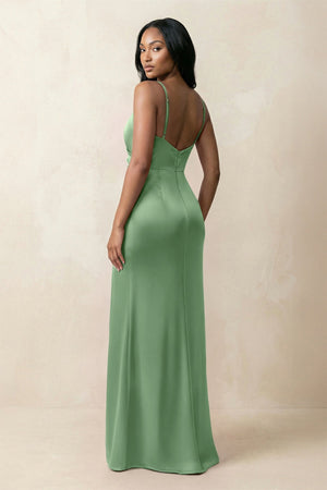 Spaghetti Strap Sheath Satin Ruched Bridesmaid Dress in Matcha - KissProm Bridesmaid Dresses