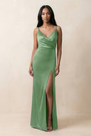Spaghetti Strap Sheath Satin Ruched Bridesmaid Dress in Matcha - KissProm Bridesmaid Dresses