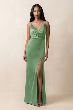 Spaghetti Strap Sheath Satin Ruched Bridesmaid Dress in Matcha - KissProm Bridesmaid Dresses