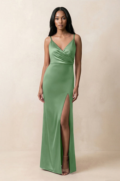 Spaghetti Strap Sheath Satin Ruched Bridesmaid Dress in Matcha - KissProm Bridesmaid Dresses